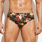 Brown Camo Hibiscus Flower Print Men's Swim Briefs