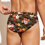 Brown Camo Hibiscus Flower Print Men's Swim Briefs