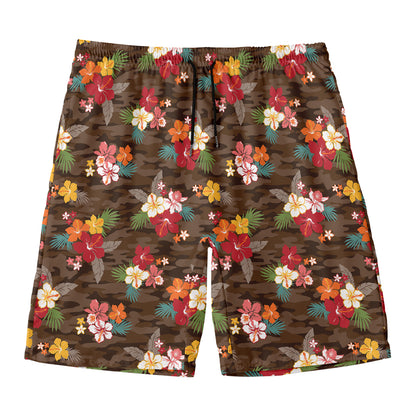 Brown Camo Hibiscus Flower Print Men's Swim Trunks
