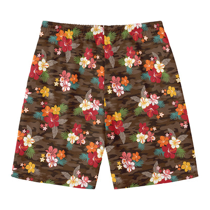 Brown Camo Hibiscus Flower Print Men's Swim Trunks