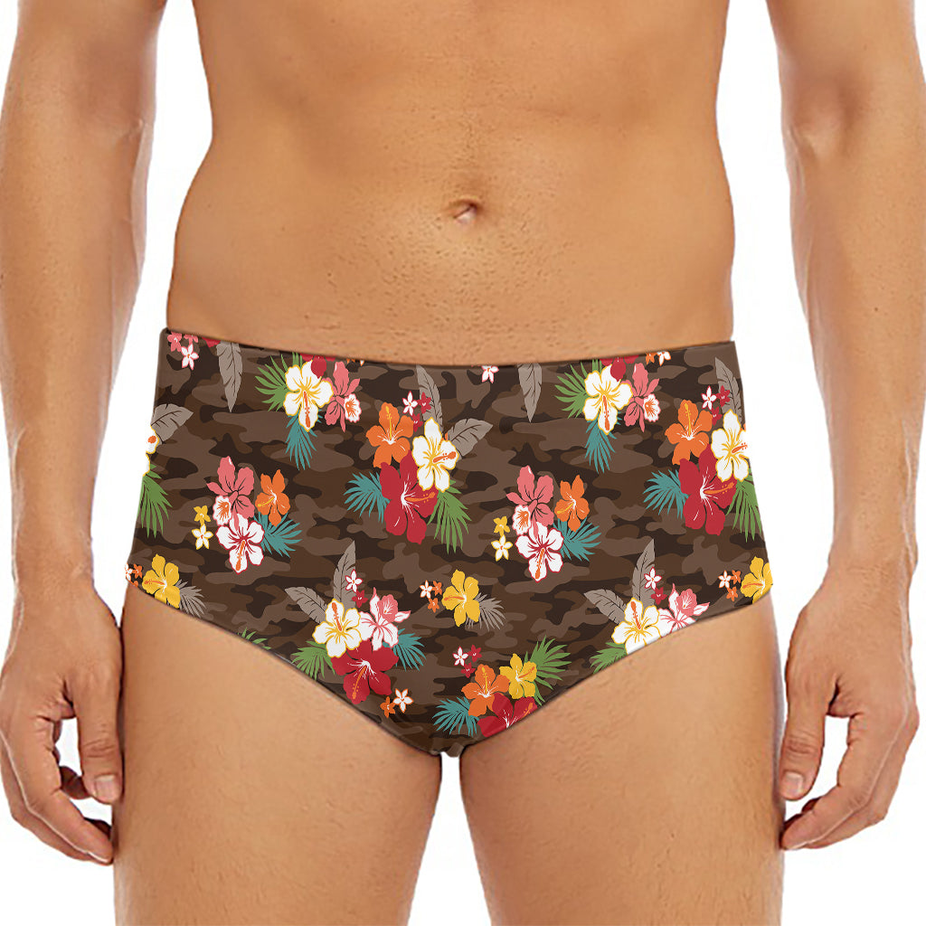 Brown Camo Hibiscus Flower Print Men's Triangle Swim Briefs