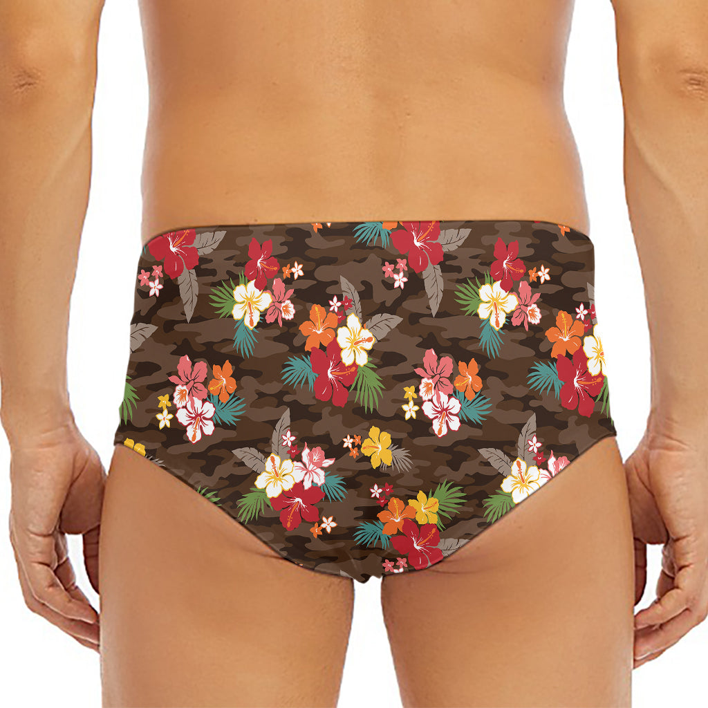 Brown Camo Hibiscus Flower Print Men's Triangle Swim Briefs