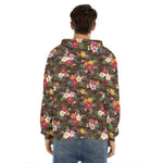 Brown Camo Hibiscus Flower Print Men's Velvet Pullover Hoodie