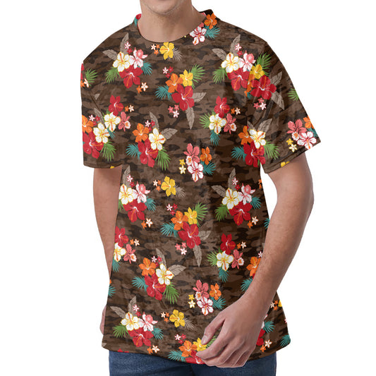 Brown Camo Hibiscus Flower Print Men's Velvet T-Shirt
