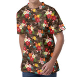 Brown Camo Hibiscus Flower Print Men's Velvet T-Shirt