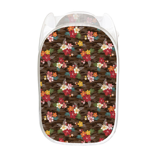 Brown Camo Hibiscus Flower Print Mesh Laundry Hamper