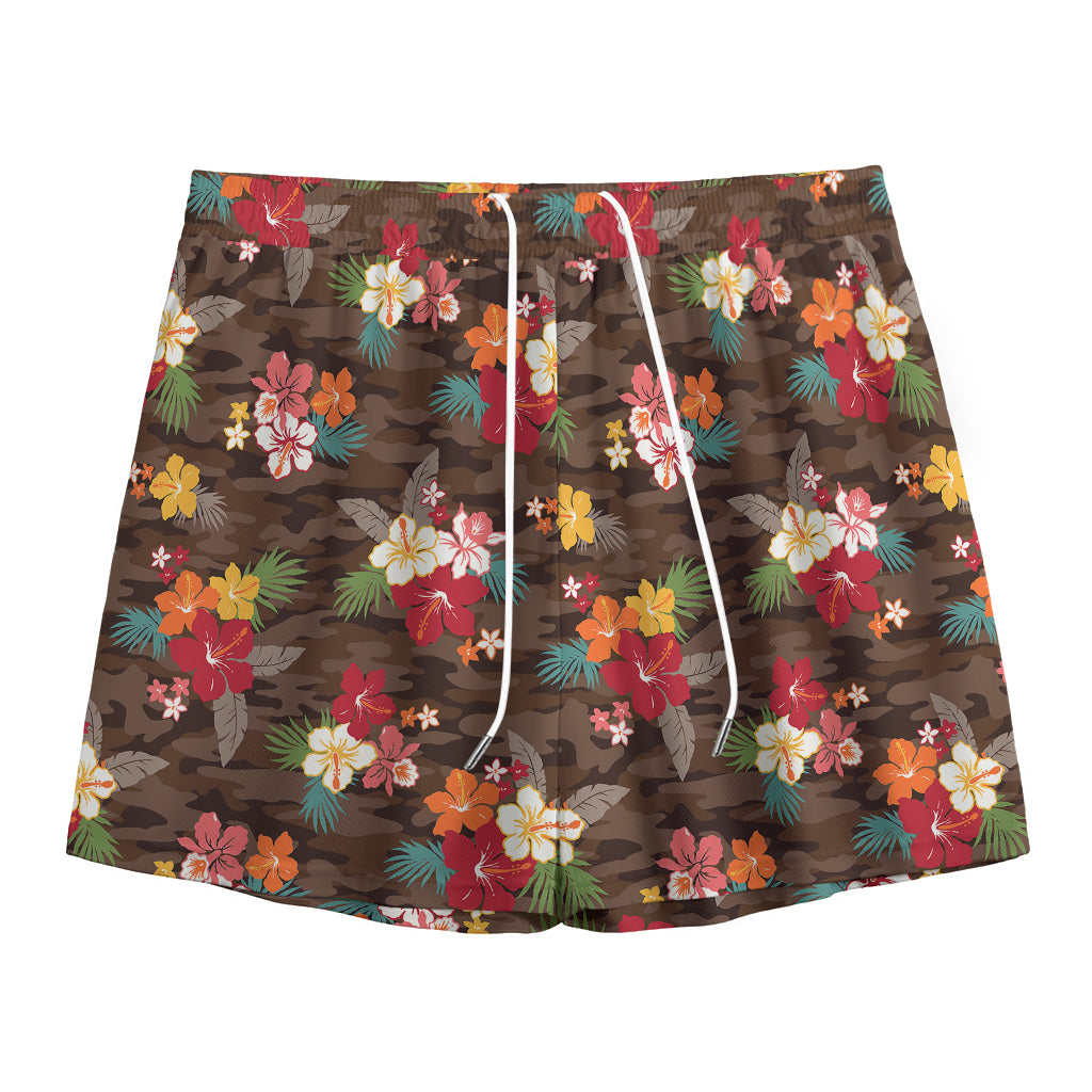Brown Camo Hibiscus Flower Print Mesh Shorts