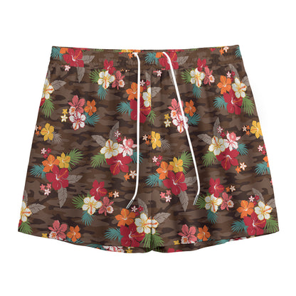 Brown Camo Hibiscus Flower Print Mesh Shorts