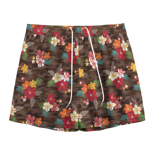 Brown Camo Hibiscus Flower Print Mesh Shorts
