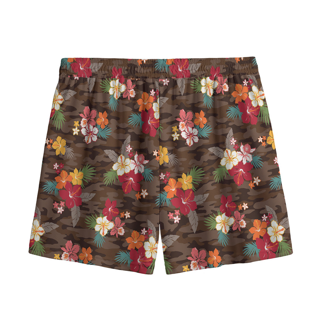 Brown Camo Hibiscus Flower Print Mesh Shorts