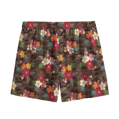 Brown Camo Hibiscus Flower Print Mesh Shorts