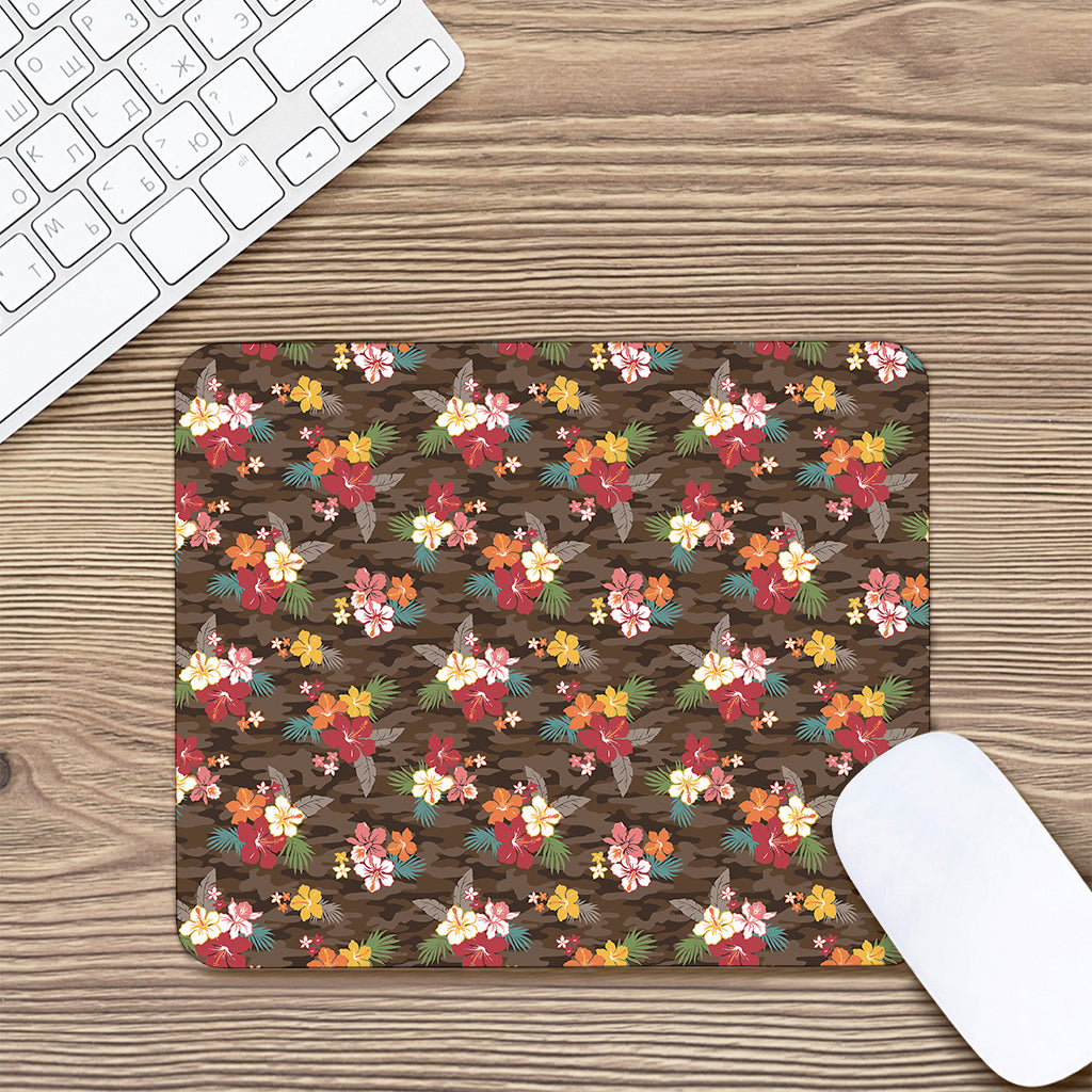 Brown Camo Hibiscus Flower Print Mouse Pad
