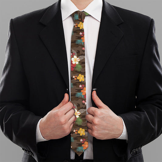 Brown Camo Hibiscus Flower Print Necktie