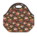Brown Camo Hibiscus Flower Print Neoprene Lunch Bag