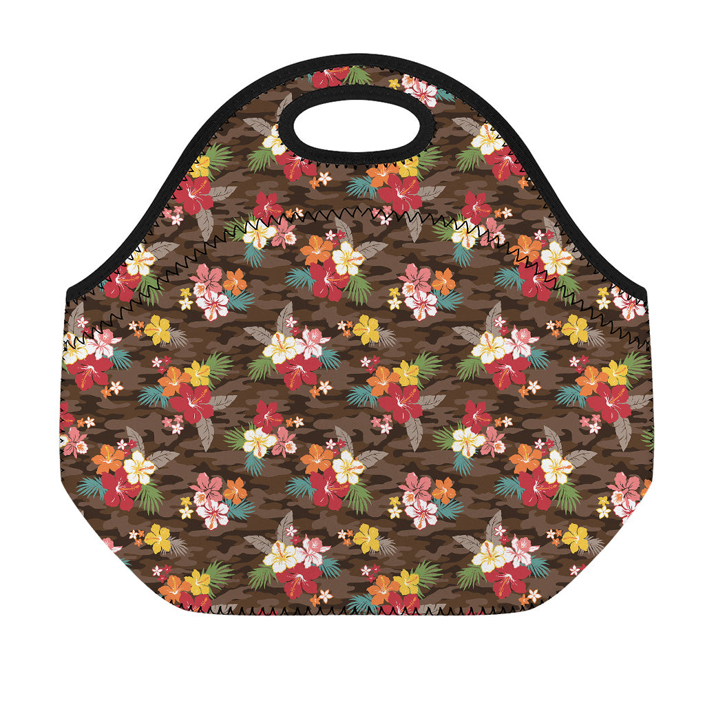 Brown Camo Hibiscus Flower Print Neoprene Lunch Bag