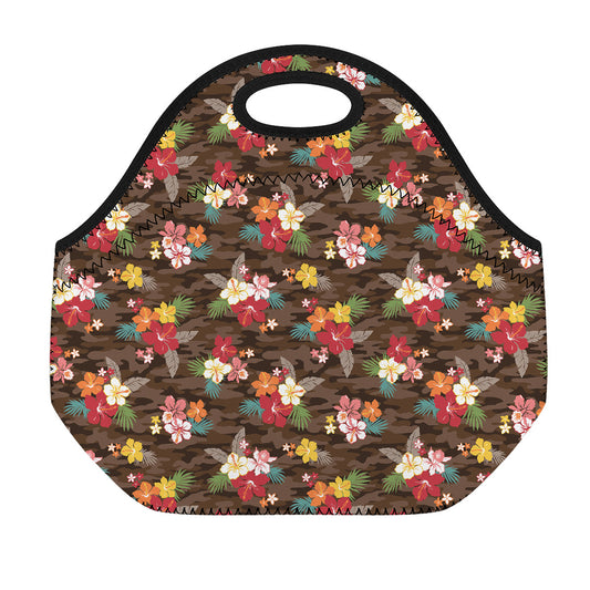 Brown Camo Hibiscus Flower Print Neoprene Lunch Bag