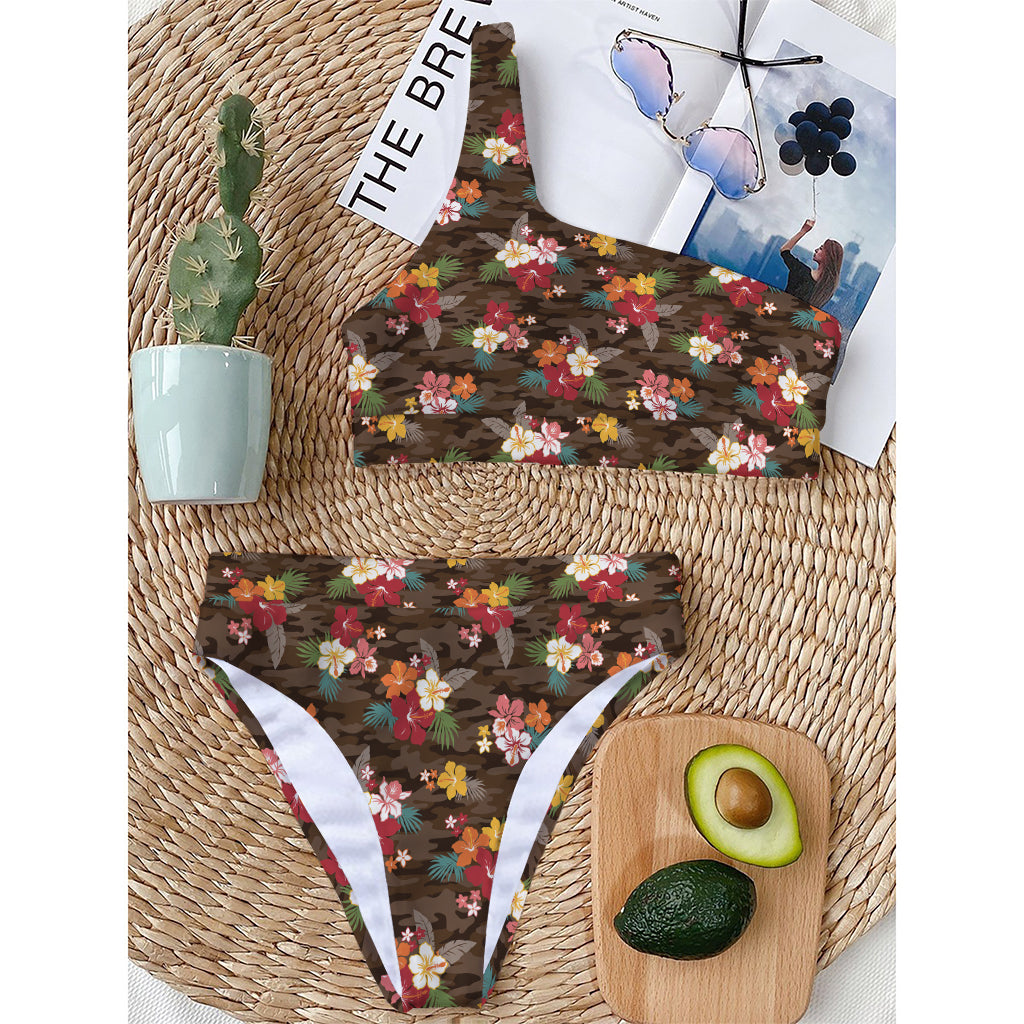 Brown Camo Hibiscus Flower Print One Shoulder Bikini Top
