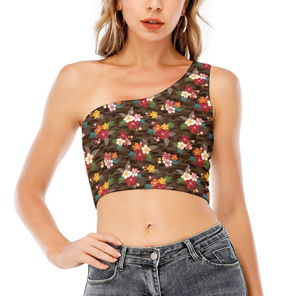Brown Camo Hibiscus Flower Print One Shoulder Crop Top