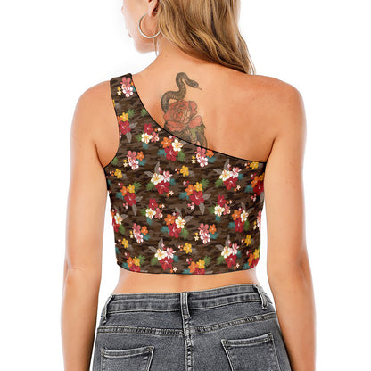 Brown Camo Hibiscus Flower Print One Shoulder Crop Top