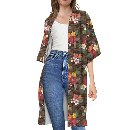 Brown Camo Hibiscus Flower Print Open Front Beach Cover Up