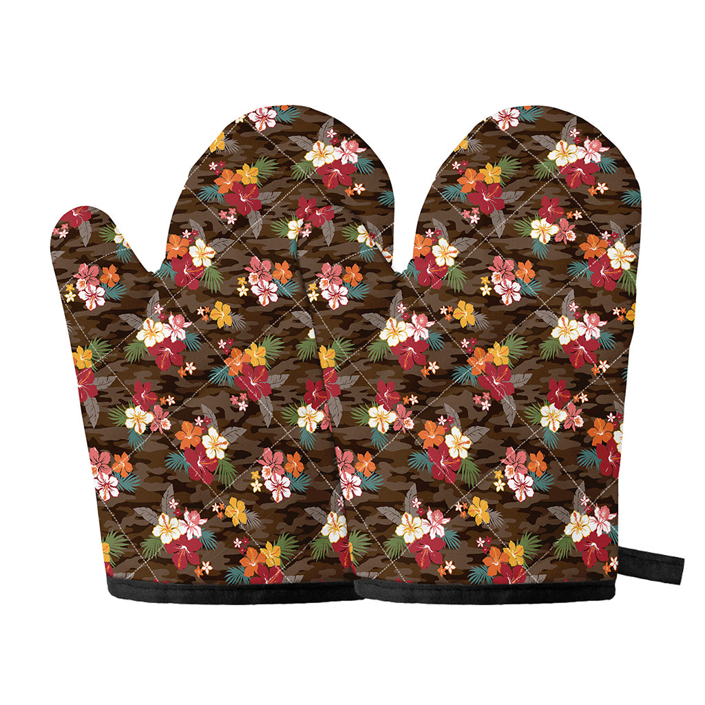 Brown Camo Hibiscus Flower Print Oven Mitts