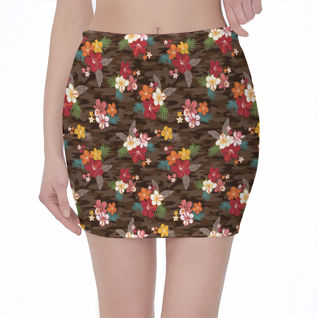 Brown Camo Hibiscus Flower Print Pencil Mini Skirt