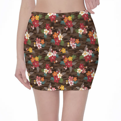 Brown Camo Hibiscus Flower Print Pencil Mini Skirt