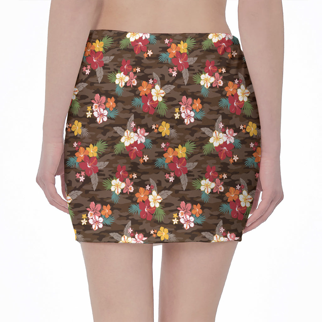 Brown Camo Hibiscus Flower Print Pencil Mini Skirt