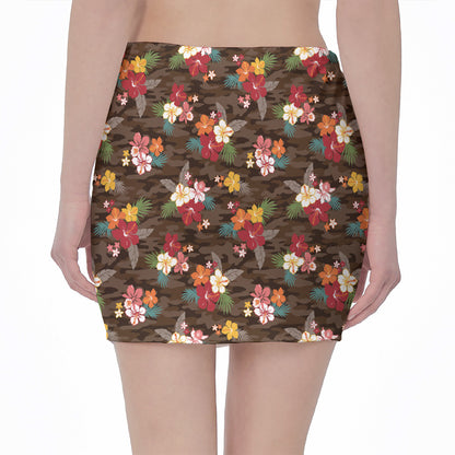 Brown Camo Hibiscus Flower Print Pencil Mini Skirt