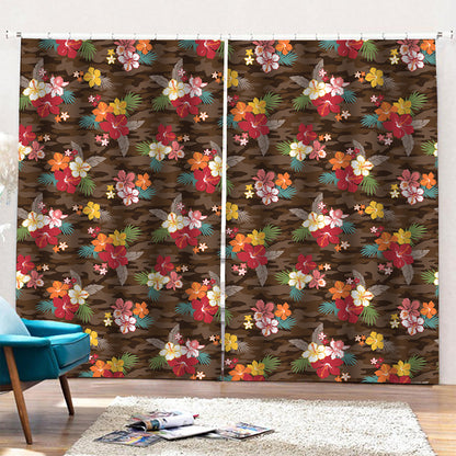 Brown Camo Hibiscus Flower Print Pencil Pleat Curtains