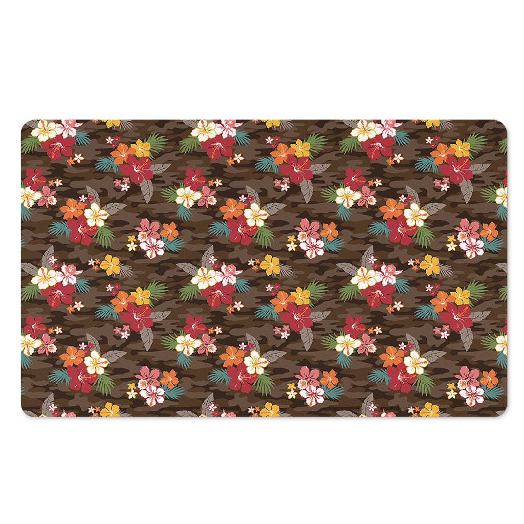 Brown Camo Hibiscus Flower Print Polyester Doormat