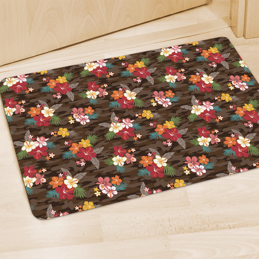 Brown Camo Hibiscus Flower Print Polyester Doormat