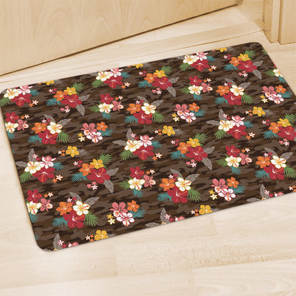 Brown Camo Hibiscus Flower Print Polyester Doormat