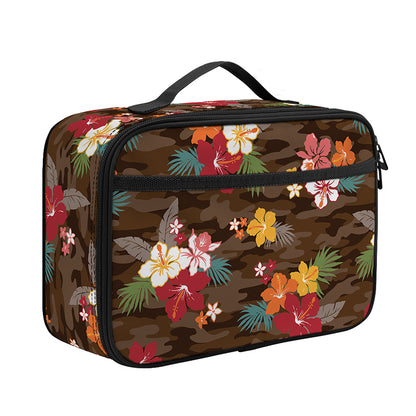 Brown Camo Hibiscus Flower Print Portable Lunch Bag