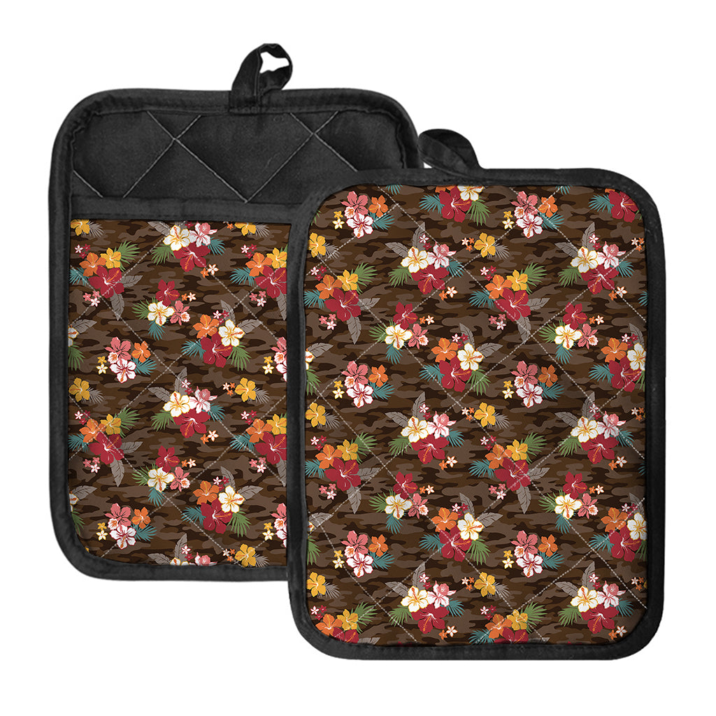 Brown Camo Hibiscus Flower Print Pot Holders With Pocket