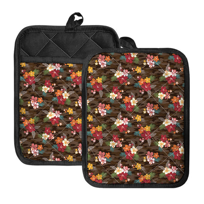 Brown Camo Hibiscus Flower Print Pot Holders With Pocket