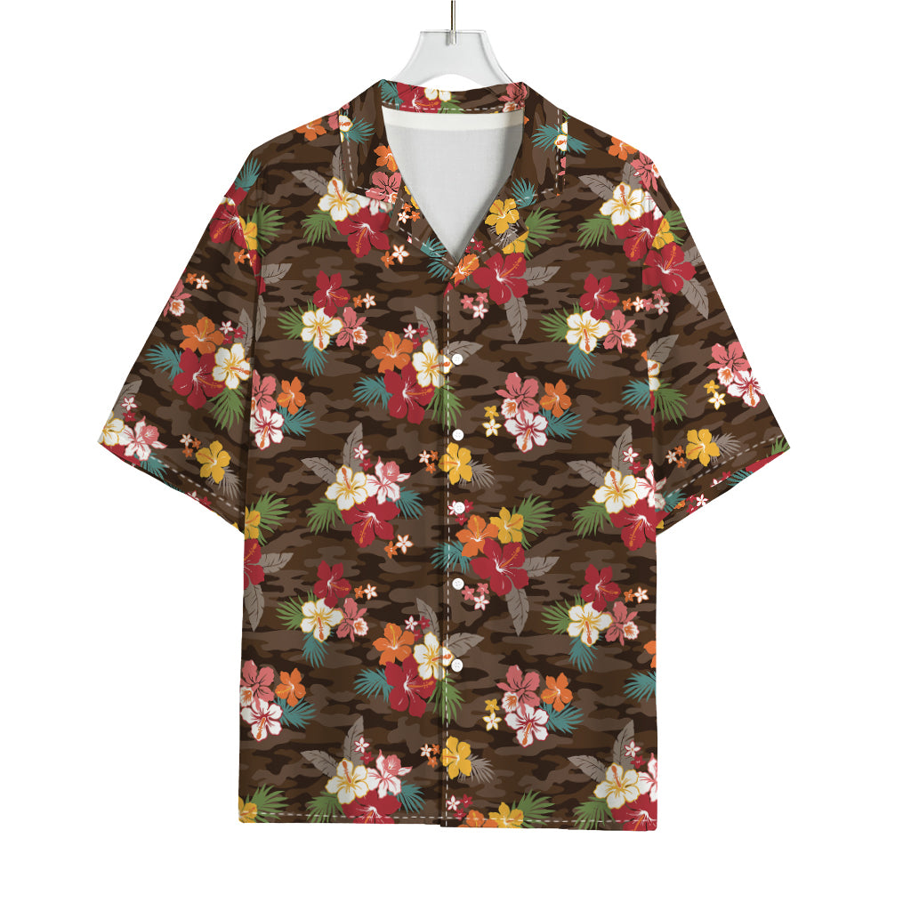Brown Camo Hibiscus Flower Print Rayon Hawaiian Shirt
