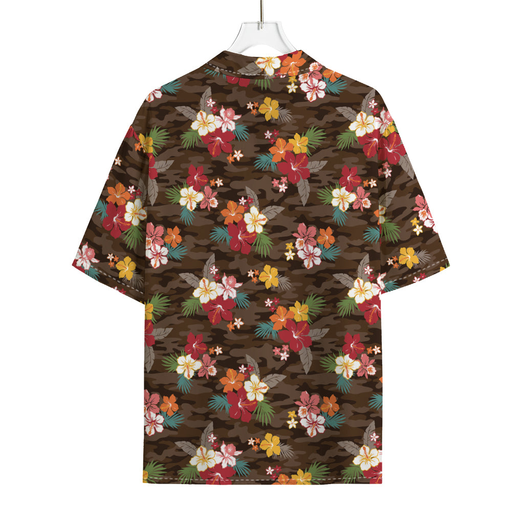Brown Camo Hibiscus Flower Print Rayon Hawaiian Shirt