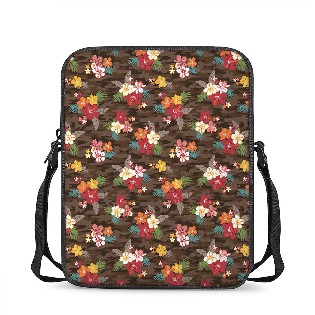 Brown Camo Hibiscus Flower Print Rectangular Crossbody Bag