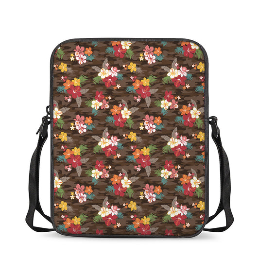 Brown Camo Hibiscus Flower Print Rectangular Crossbody Bag