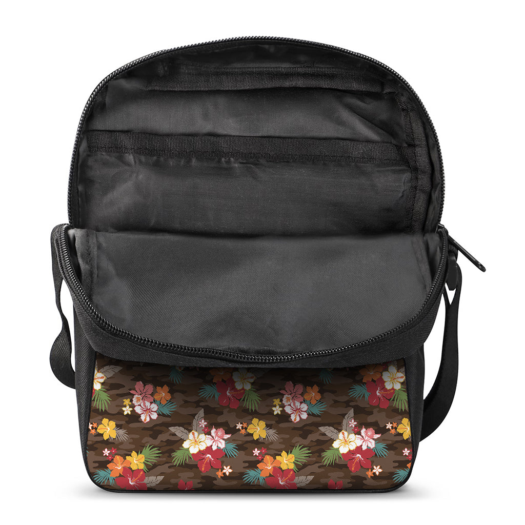 Brown Camo Hibiscus Flower Print Rectangular Crossbody Bag