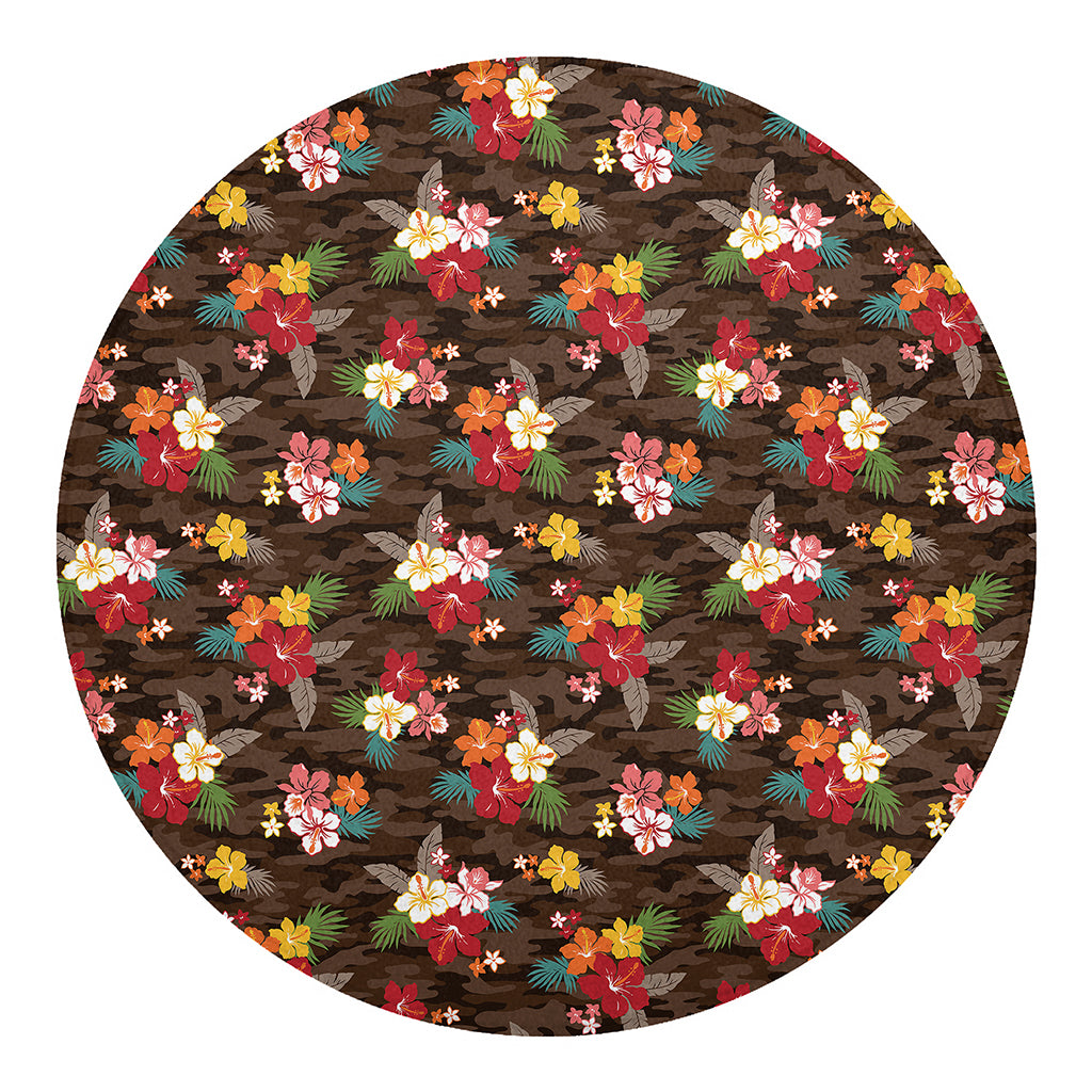 Brown Camo Hibiscus Flower Print Round Blanket