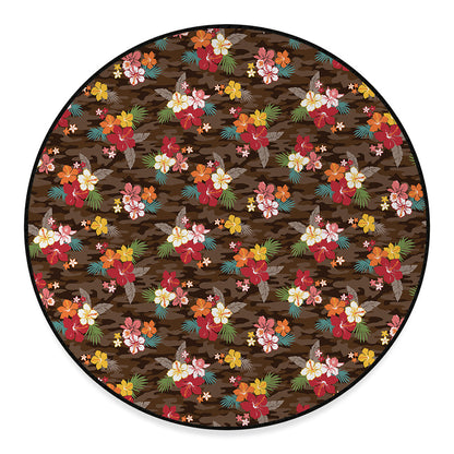 Brown Camo Hibiscus Flower Print Round Floor Mat
