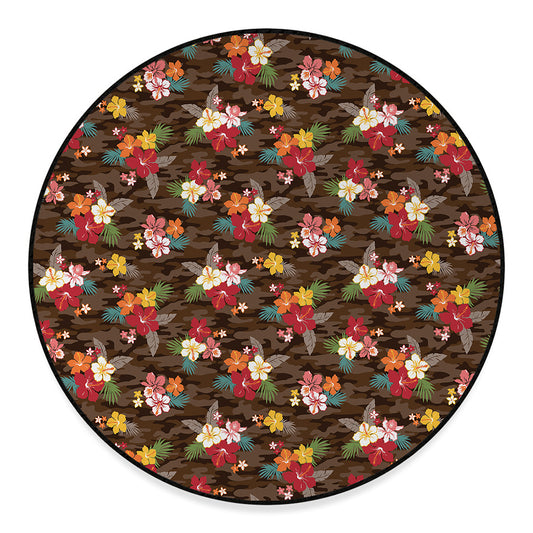 Brown Camo Hibiscus Flower Print Round Floor Mat