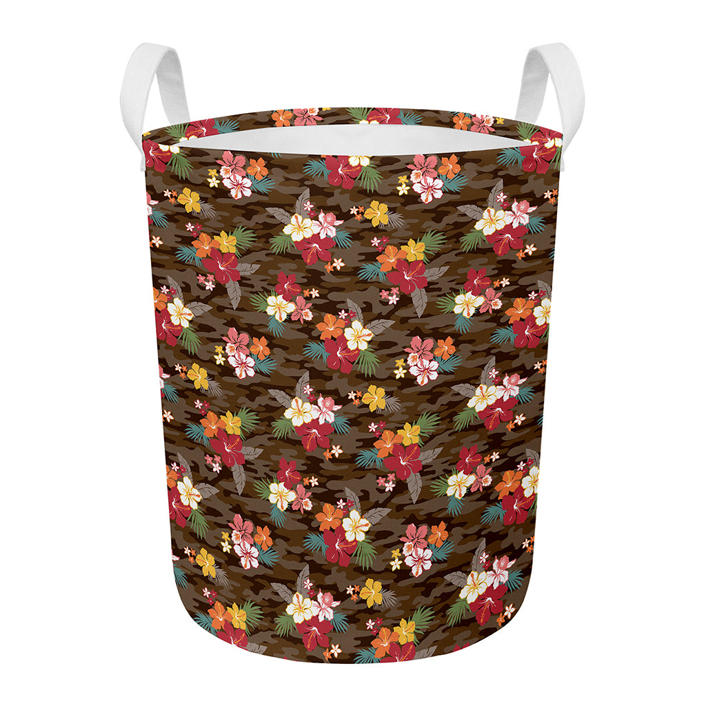 Brown Camo Hibiscus Flower Print Round Laundry Basket