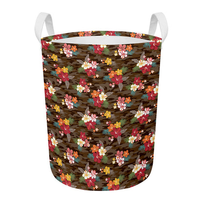 Brown Camo Hibiscus Flower Print Round Laundry Basket