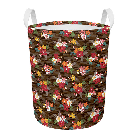 Brown Camo Hibiscus Flower Print Round Laundry Basket
