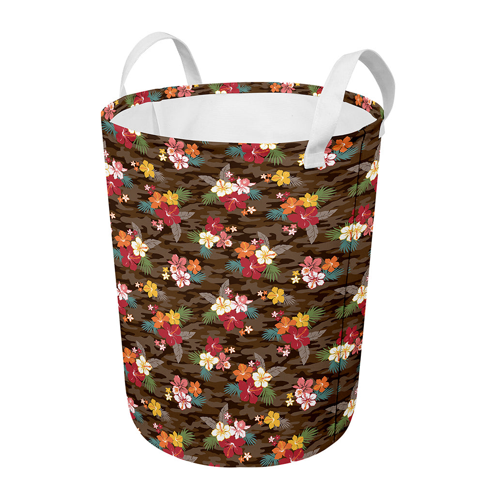 Brown Camo Hibiscus Flower Print Round Laundry Basket