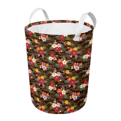 Brown Camo Hibiscus Flower Print Round Laundry Basket