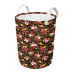 Brown Camo Hibiscus Flower Print Round Laundry Basket